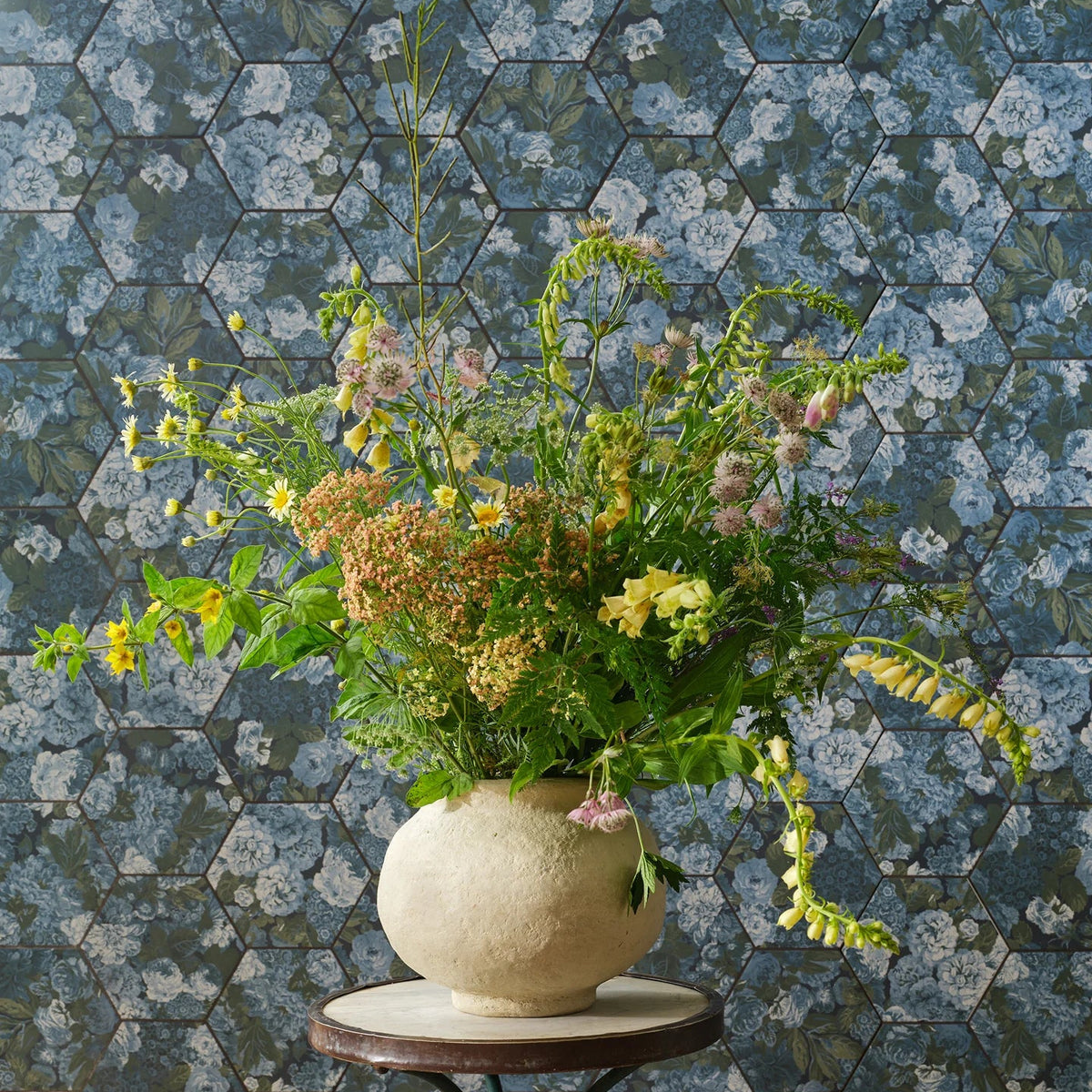 Very Rose & Peony Pottery Blue Hexagon -Sanderson
